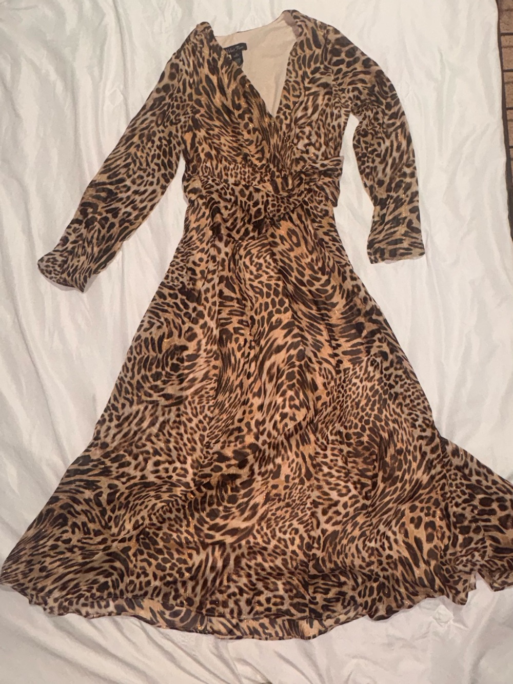 Leopard Print Long-Sleeve Wrap Dress - Brown